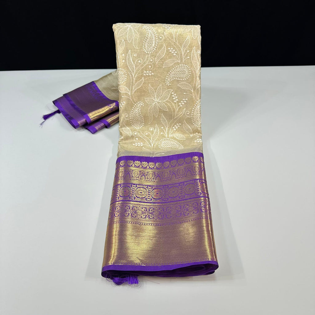 Banarasi tissue embroidery saree with attached blouse