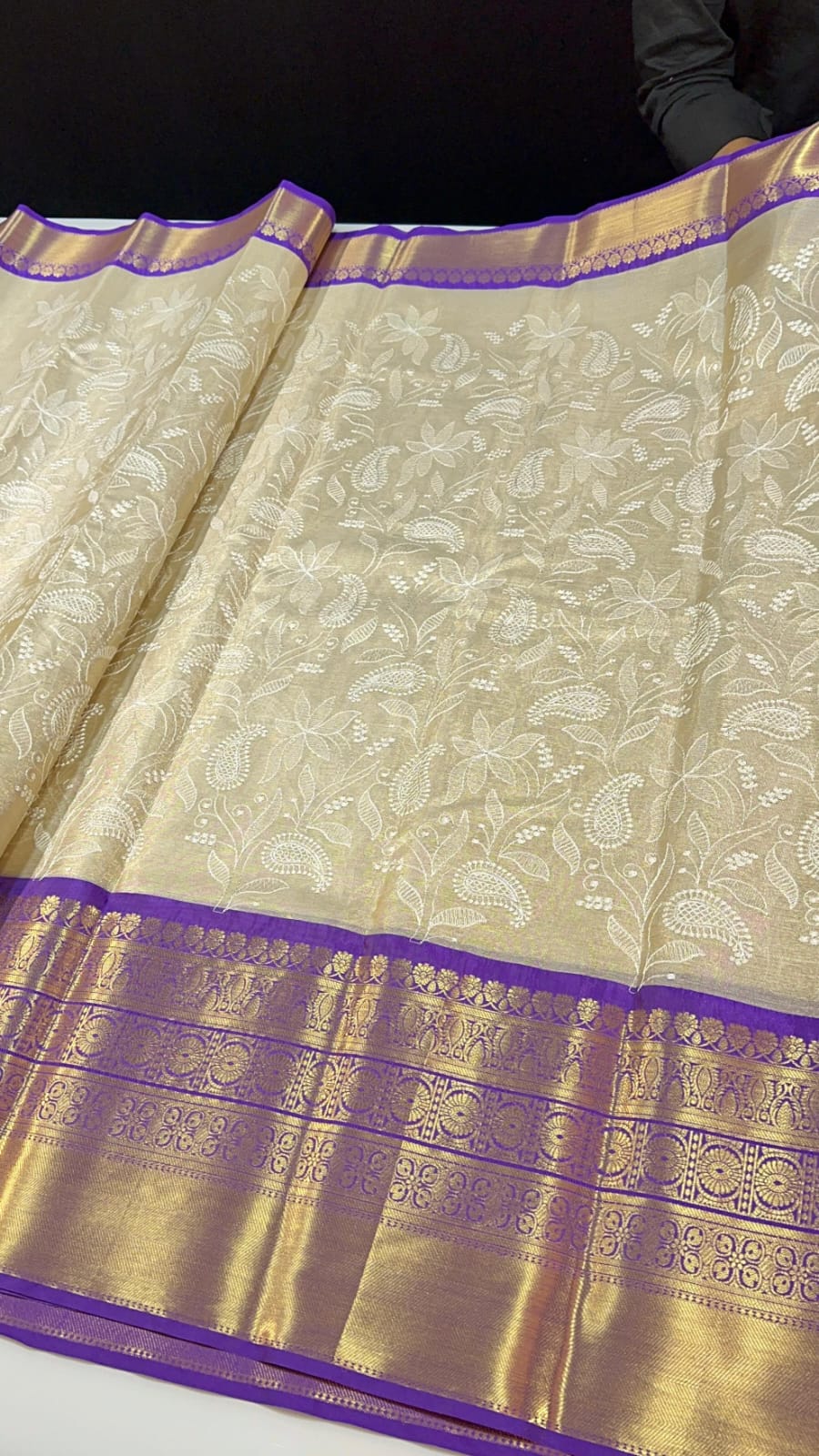 Banarasi tissue embroidery saree with attached blouse