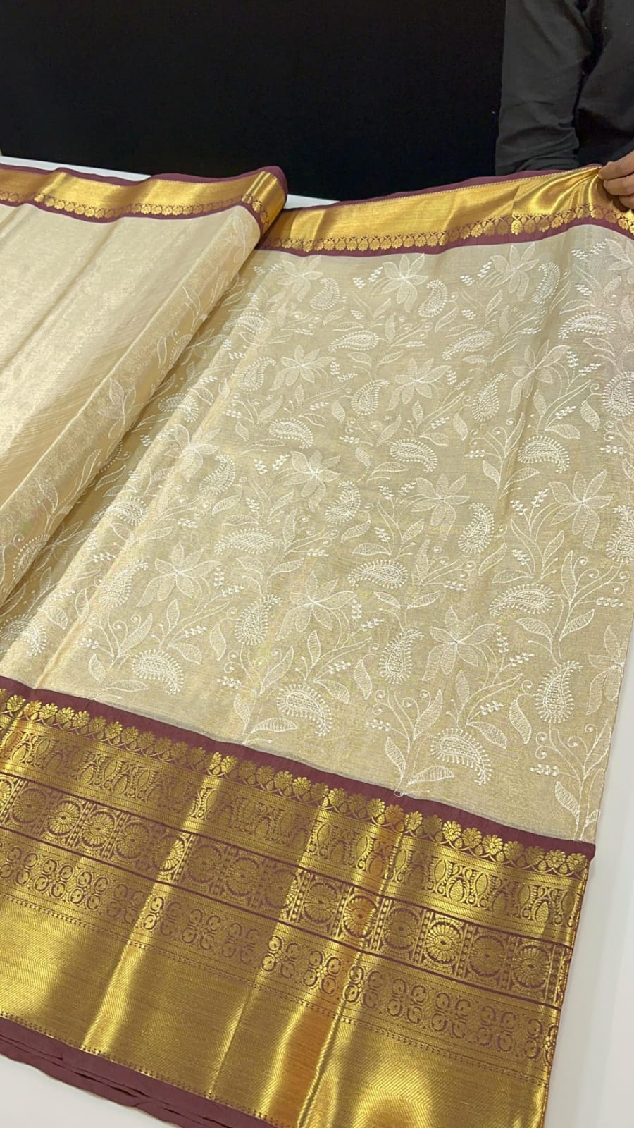 Banarasi tissue embroidery saree with attached blouse