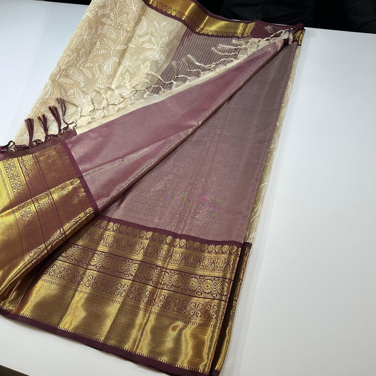 Banarasi tissue embroidery saree with attached blouse