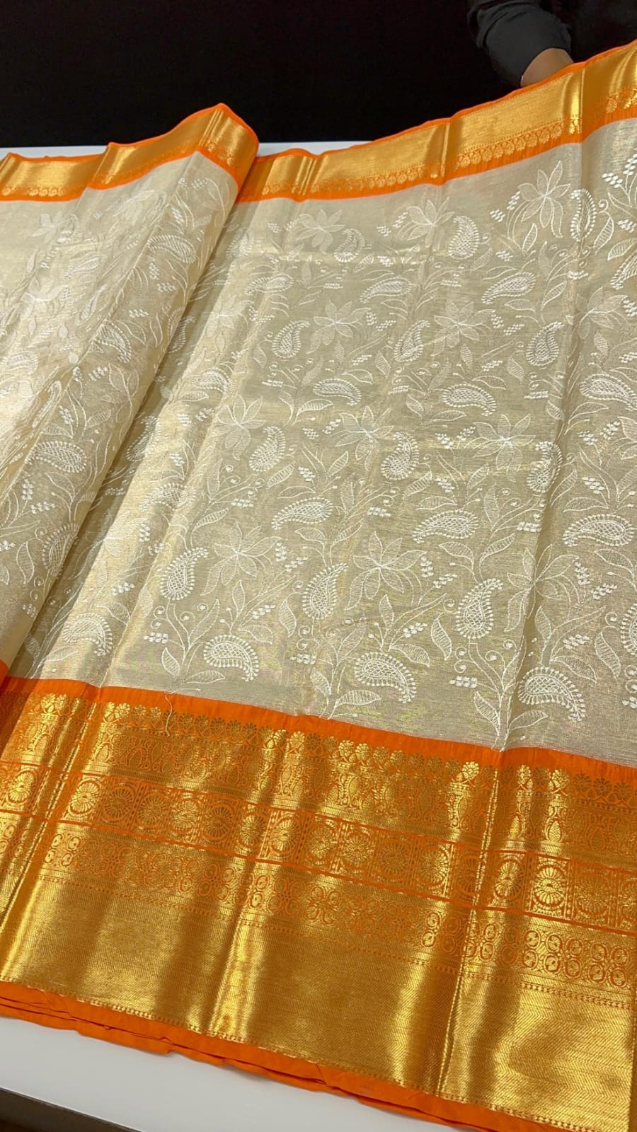 Banarasi tissue embroidery saree with attached blouse